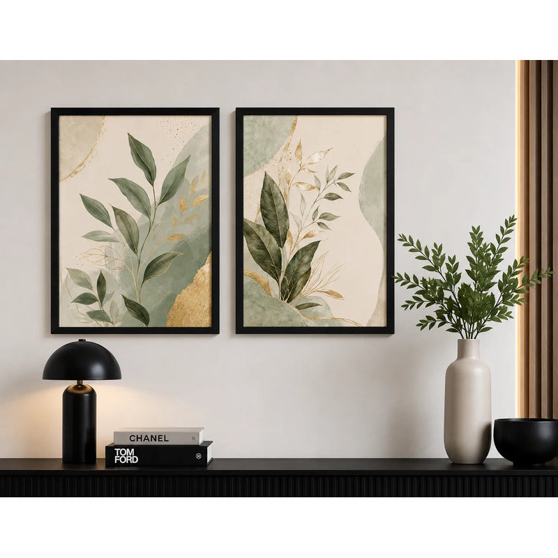 Set 2 Cuadros Hojas Verde Oro Arte Abstracto Decora Living Marco Negro