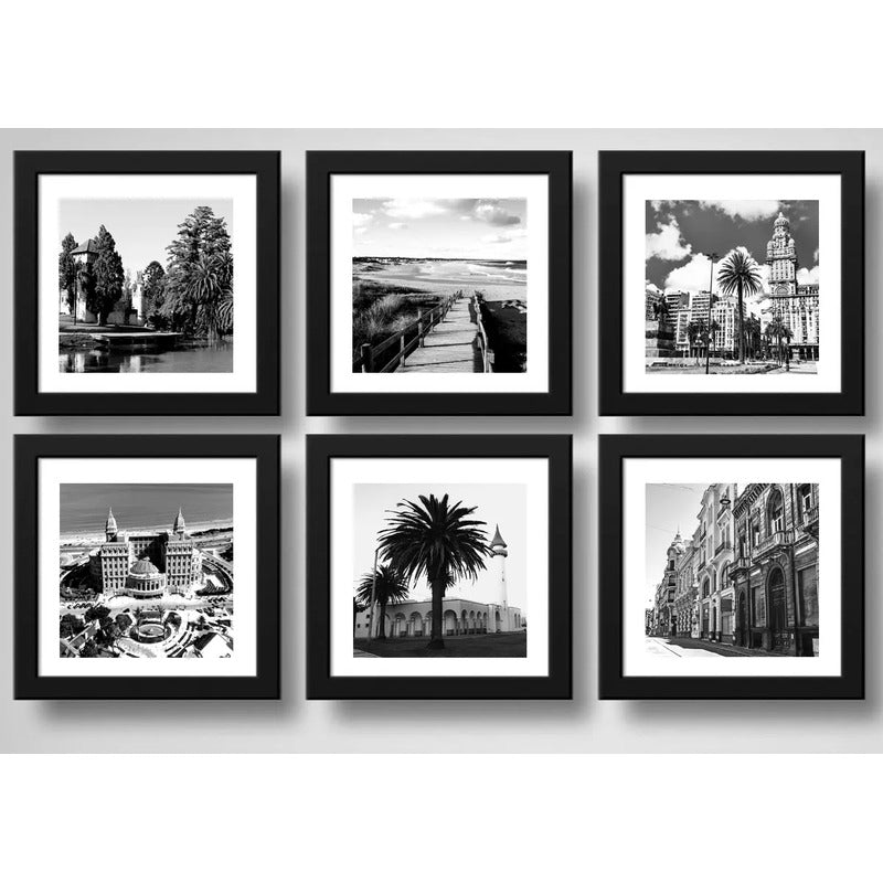 Set 6 Cuadros Montevideo Blanco Y Negro Ciudad Paisajes