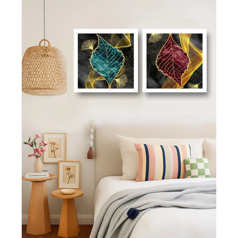 Set 2 Cuadros Living Dormitorio Flores Detalles Oro 33x33cm Marco Blanco