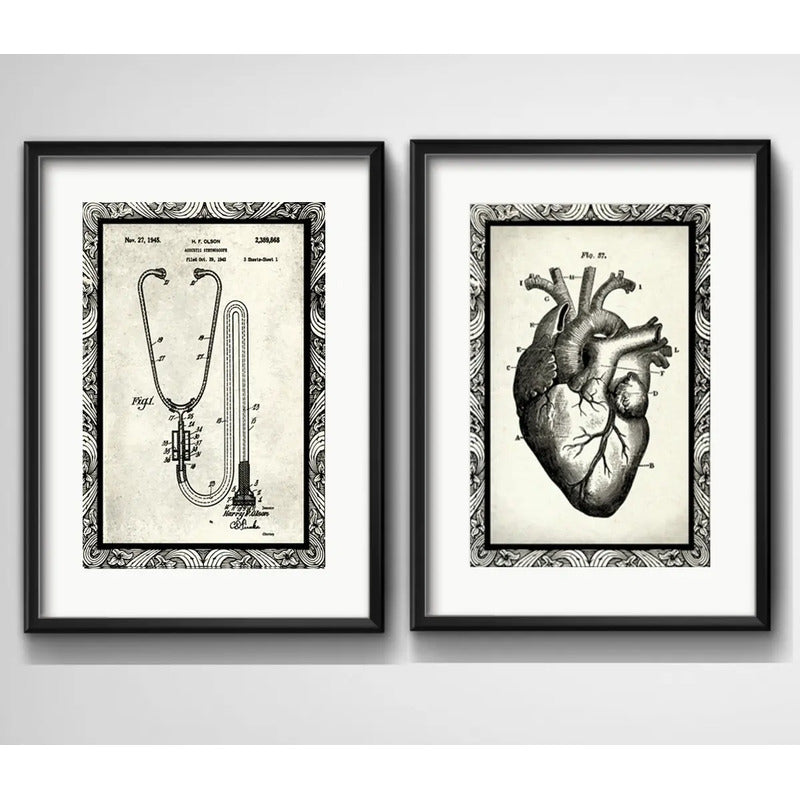 Set 2 Cuadros Estetoscópio Corazón Medico Arte Con Paspartu