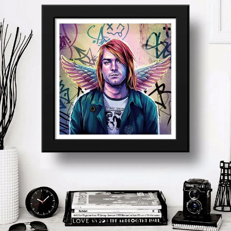 Cuadro Kurt Cobain Street Art Nirvana Rock Musica - 33x33cm Marco Negro