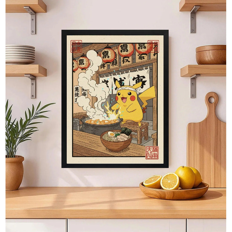 Cuadro Pikachu Cocina Sushi Ramen Comida Japón Pokemon Anime Marco Negro