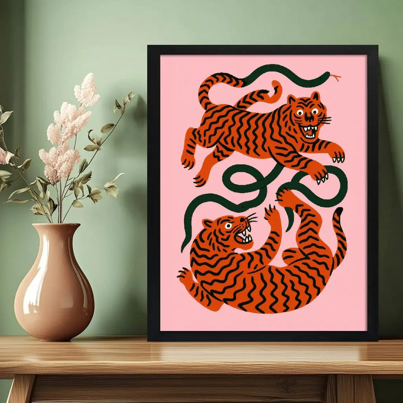 Cuadro Tigres Y Serpientes Juguetones Arte Coreano Oriental Marco Negro
