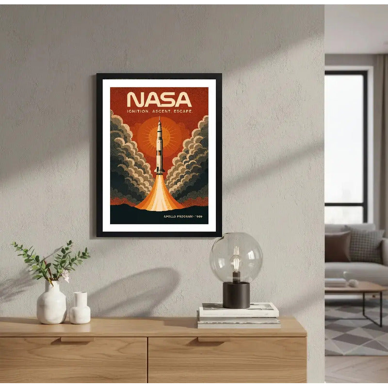Cuadro Apolo Nasa 1969 Astronauta Vintage Retro Decoracion Marco Negro