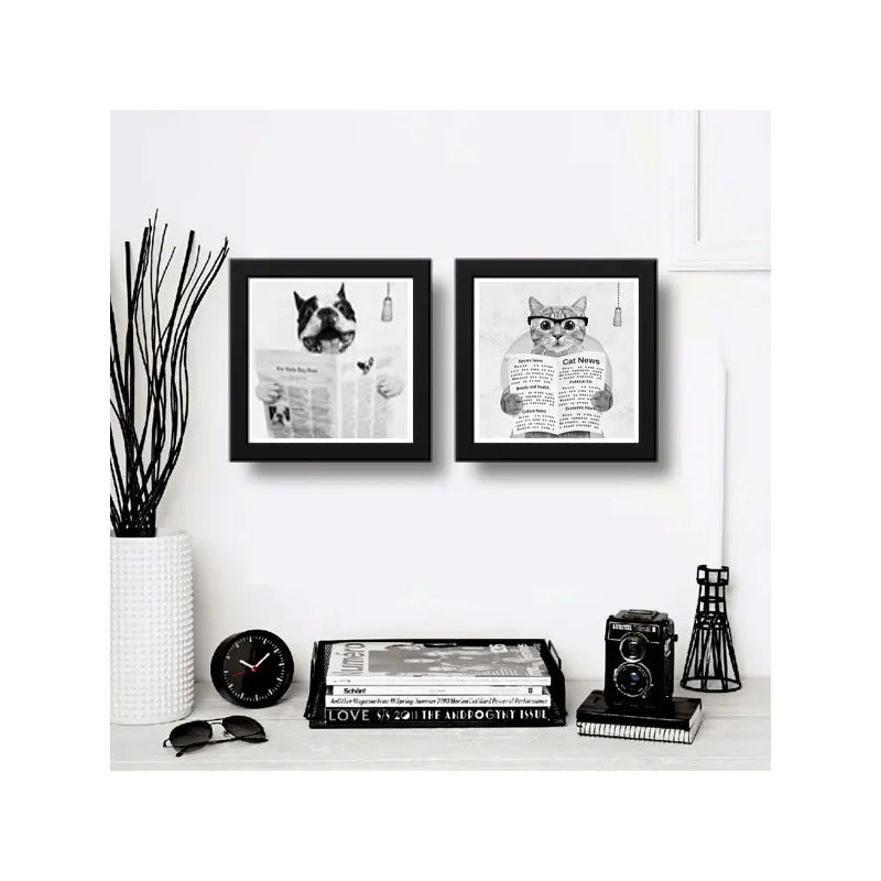 Set 2 Cuadros Perro Gato Baño Blanco Y Negro Mascotas Decora