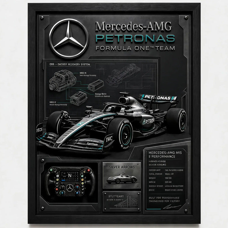 Cuadro Mercedes Amg Formula 1 Auto Icónico Specs Efecto 3d Marco Negro