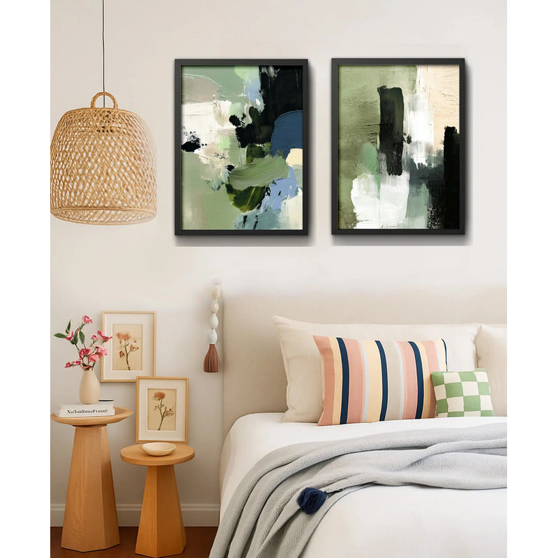 Set 2 Cuadros Dormitorio Living Abstracto Mossy Calm Verde Marco Negro