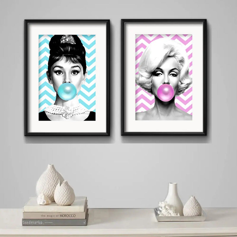 Set 2 Cuadros Marilyn Audrey Hepburn Chicle Pop Art Paspartu