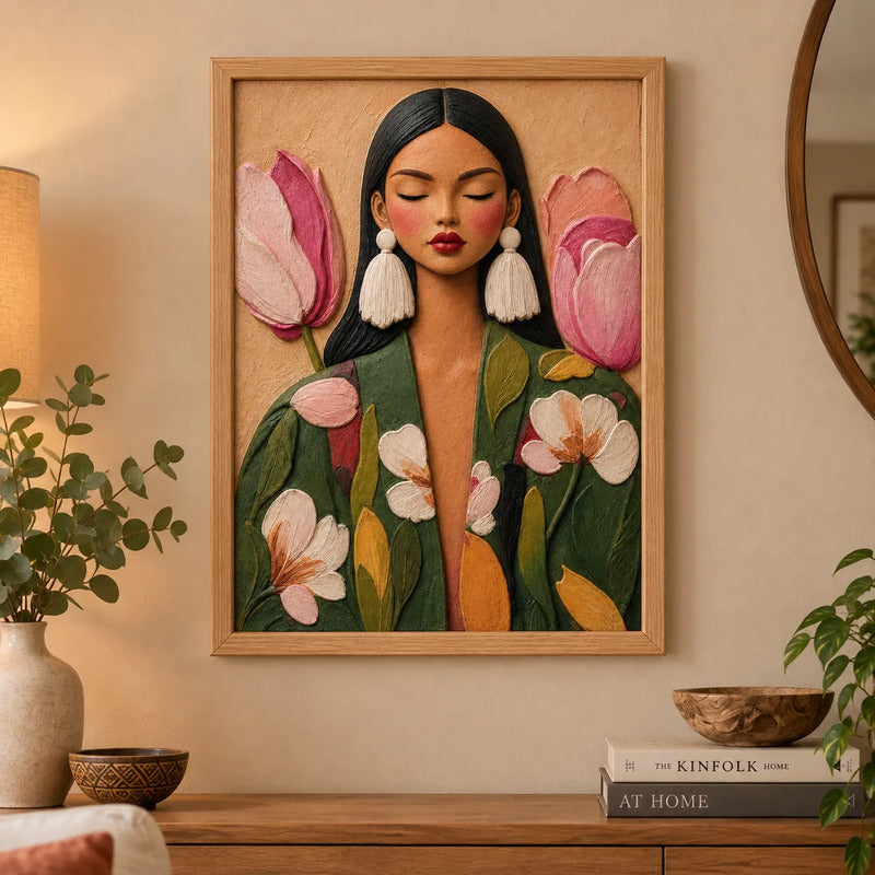 Cuadro Dormitorio Living Mujer Con Flores Arte Abstracto Marco Marrón Claro