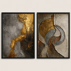 Set 2 Cuadros Living Dormitorio Abstracto 3d Oro Gris Beige Marco Negro