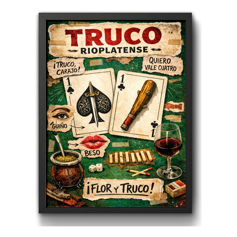 Cuadro Truco Rioplatense Juego De Naipes Arte Retro Uruguay Marco Negro