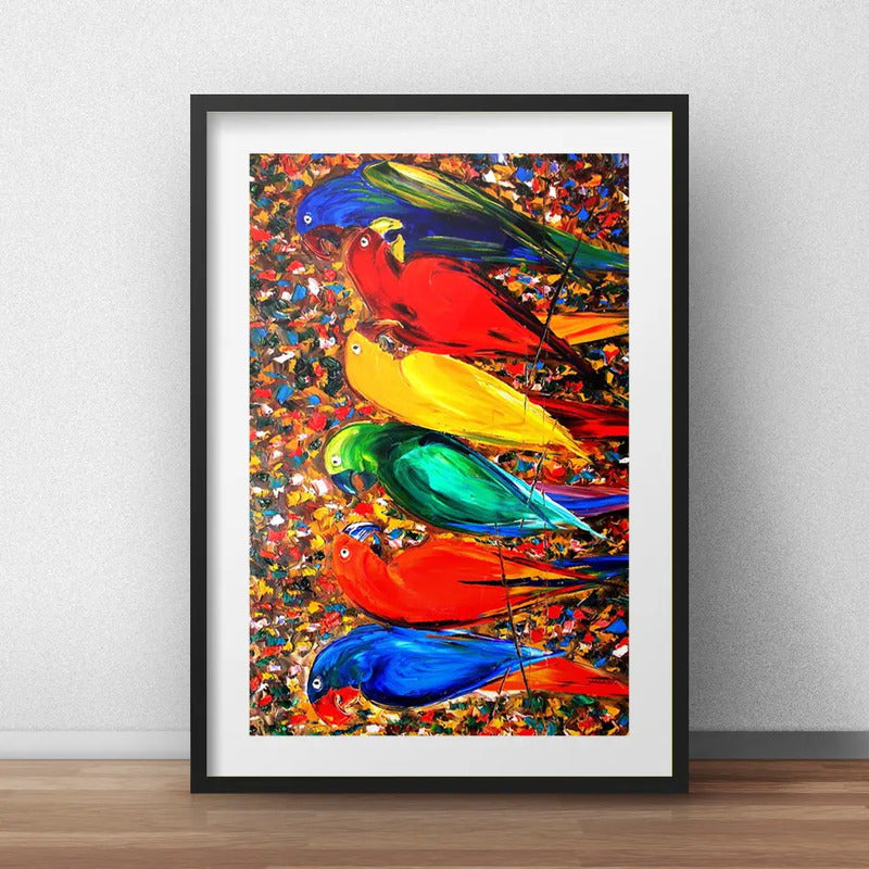Cuadro Loros Arte Papagayos Araras Decoracion Con Paspartú Marco Negro