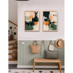 Set 2 Cuadros Dormitorio Living Abstracto Verde Durazno Brs2 Marco Marrón Claro