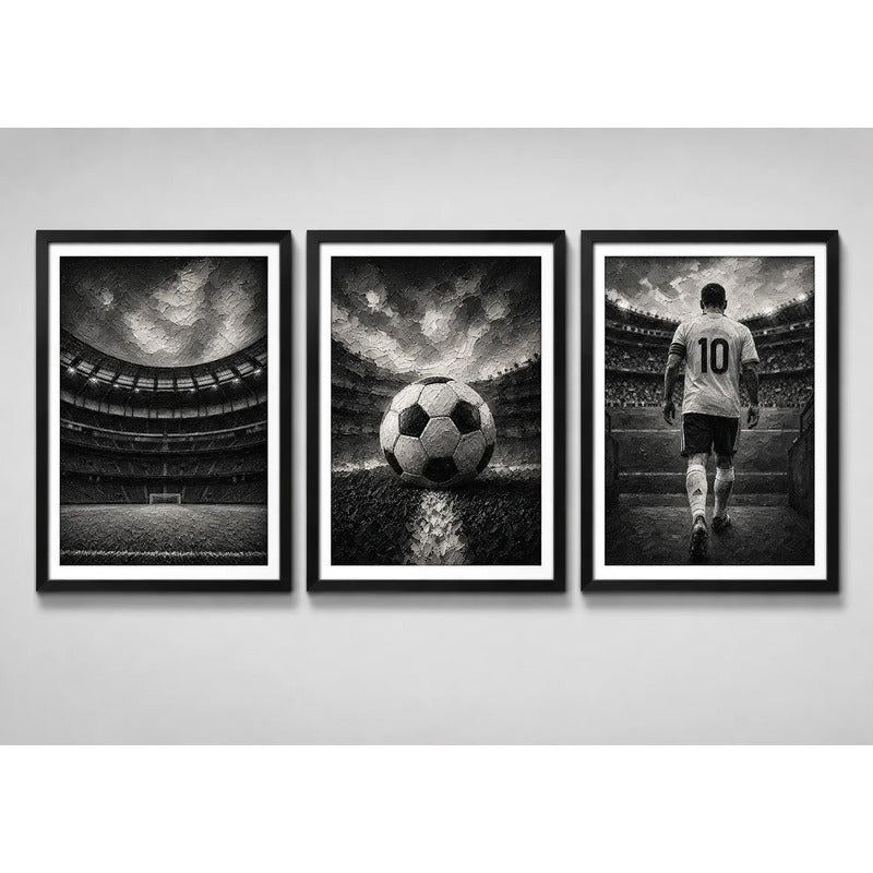 Set 3 Cuadros Fútbol Blanco Y Negro  Textura Pelota Jugador Marco Negro