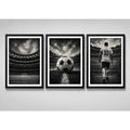 Set 3 Cuadros Fútbol Blanco Y Negro  Textura Pelota Jugador Marco Negro