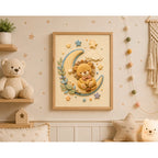 Cuadro Dormitorio Infantil Bebe Leon Luna Estrella Efecto 3d Marco Madera Oak Madera Clara
