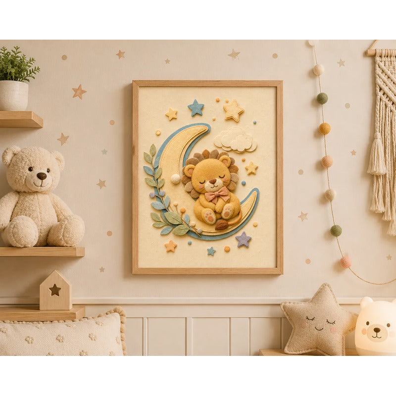 Cuadro Dormitorio Infantil Bebe Leon Luna Estrella Efecto 3d Marco Madera Oak Madera Clara