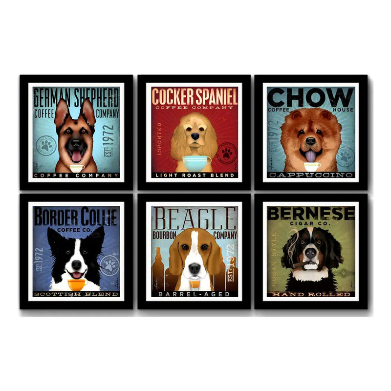 Set 6 Cuadros Perro Cafe Pop Art Razas Mascota B3 Decoracion