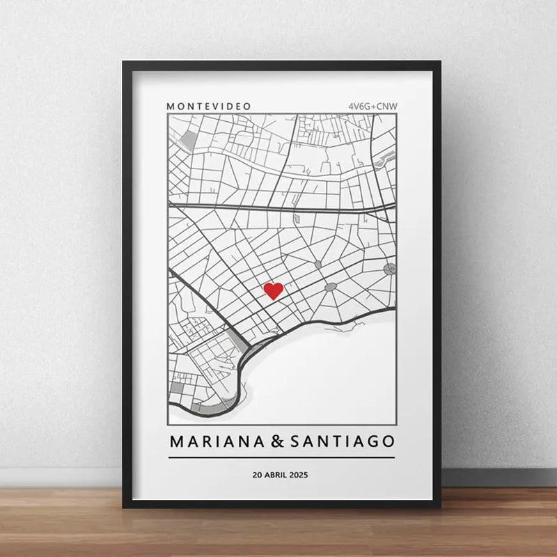 Cuadro Personalizado Pareja Novios Mapa Gps Primer Encuentro Marco Negro