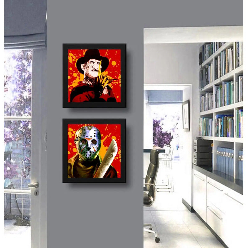 Set 2 Cuadros Freddy Krueger Jason Pelicula Terror - 33x33cm Marco Negro