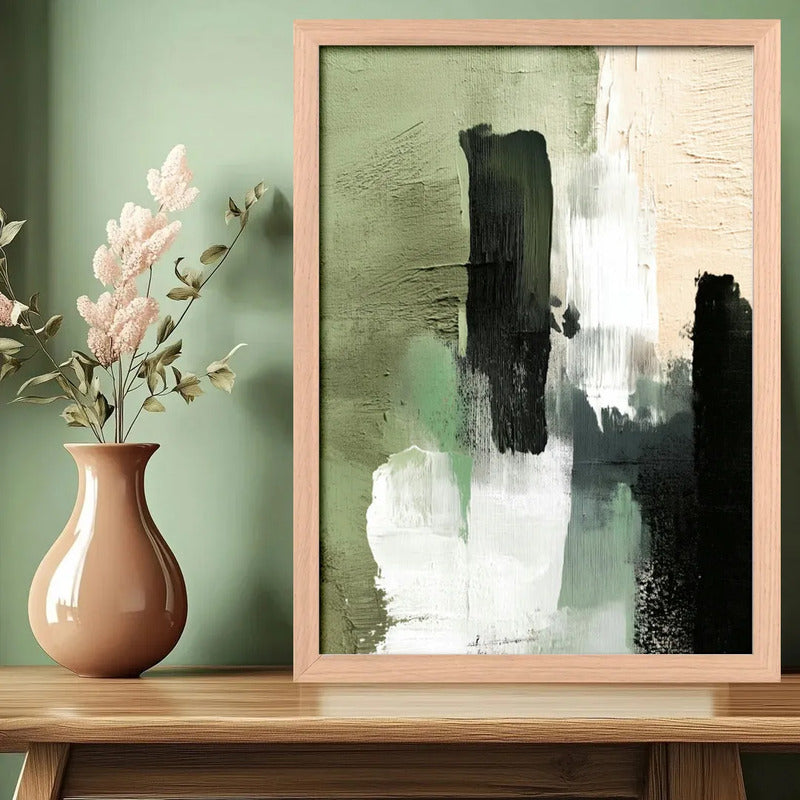 Cuadro Dormitorio Living Boho Abstracto Niebla Verde Oak Marco Marrón Claro