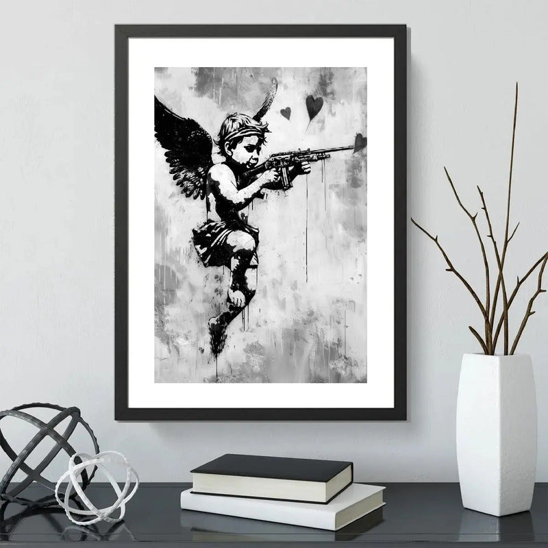 Cuadro Banksy Ángel Con Un Arma Arte Urbano Decoracion Marco Negro