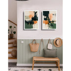 Set 2 Cuadros Dormitorio Living Abstracto Verde Durazno Brs2 Marco Blanco