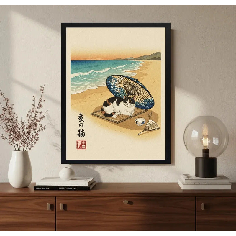 Cuadro Gato Sombrilla Playa Sol Japón Mar Arte Tonos Beige Marco Negro