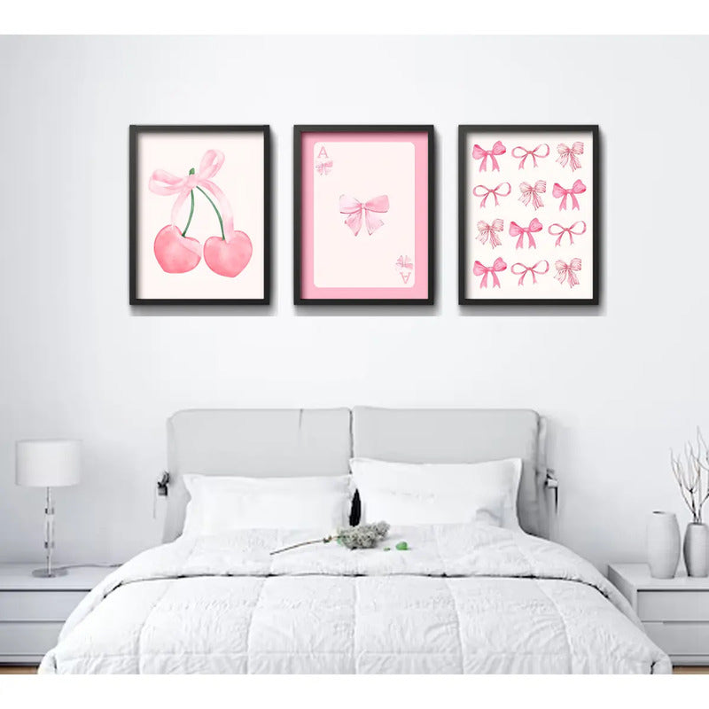 Set 3 Cuadros Rosa Pink Tendencia Lazos Fashion Coquette Marco Negro