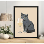 Cuadro Gato Sofisticado Vino Blanco Chef Cocina Decoracion Marco Negro