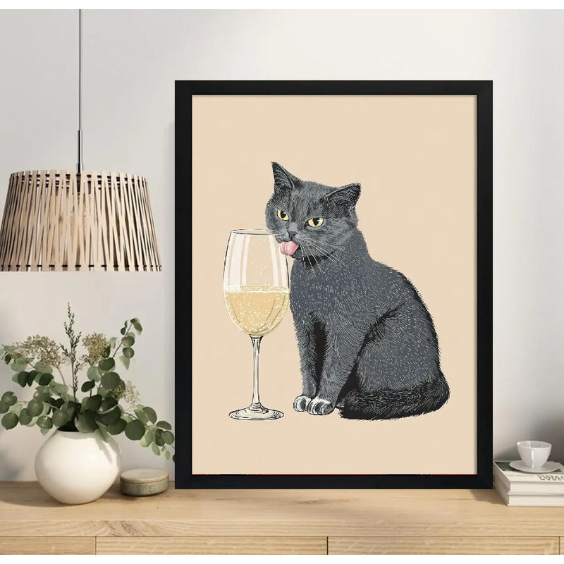 Cuadro Gato Sofisticado Vino Blanco Chef Cocina Decoracion Marco Negro