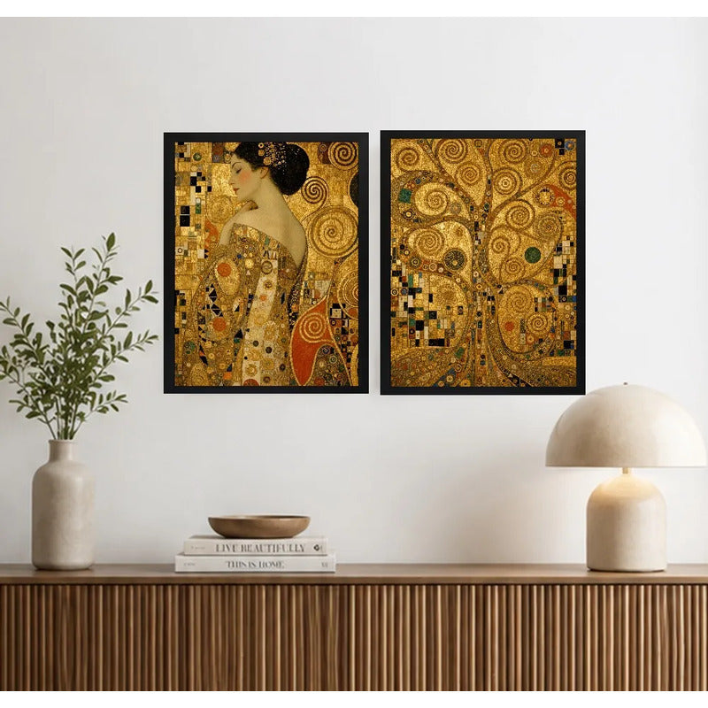 Set 2 Cuadros Gustav Klimt Arte Adele Y El Árbol De La Vida Marco Negro