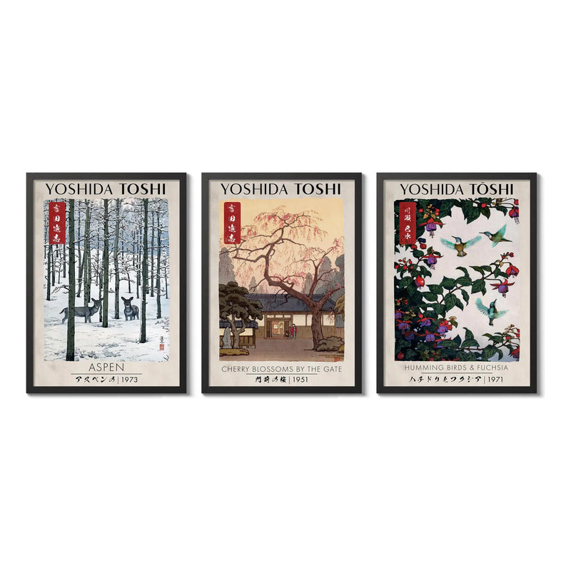 Set 3 Cuadros Living Yoshida Toshi Botanico Arte Japones Marco Negro