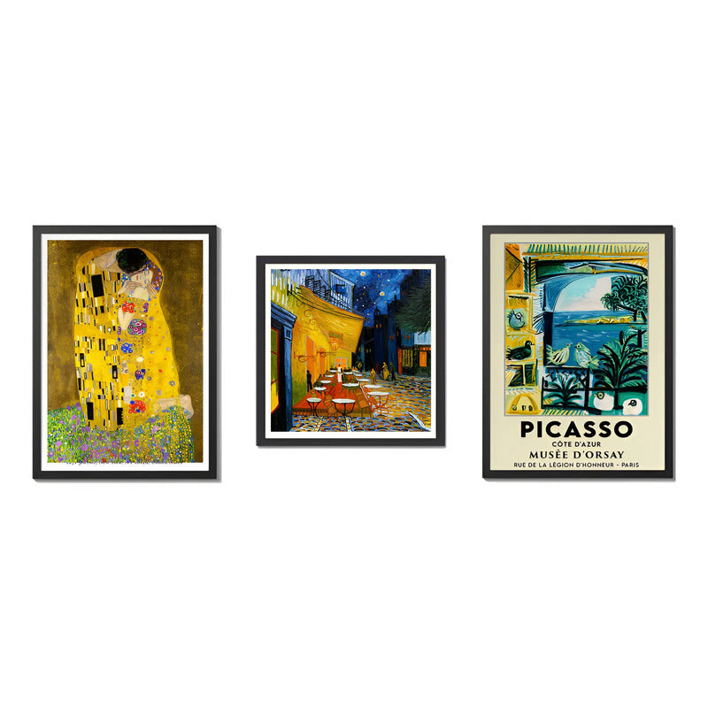 Set 3 Cuadros Para Living Cocina Estudio Famous Artists Gustav Klimt Van Gogh Picasso Con Marco Negro