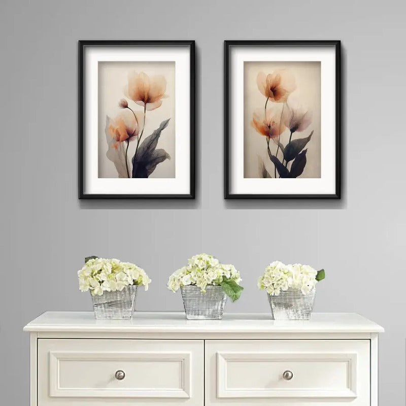Set 2 Cuadros Flores Amapolas Tonos Pastel Con Paspartú Marco Negro