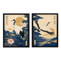 Set 2 Cuadros Grullas En La Naturaleza Arte Japonés Retro Marco Negro