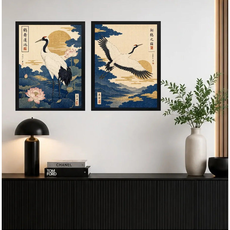 Set 2 Cuadros Grullas En La Naturaleza Arte Japonés Retro Marco Negro