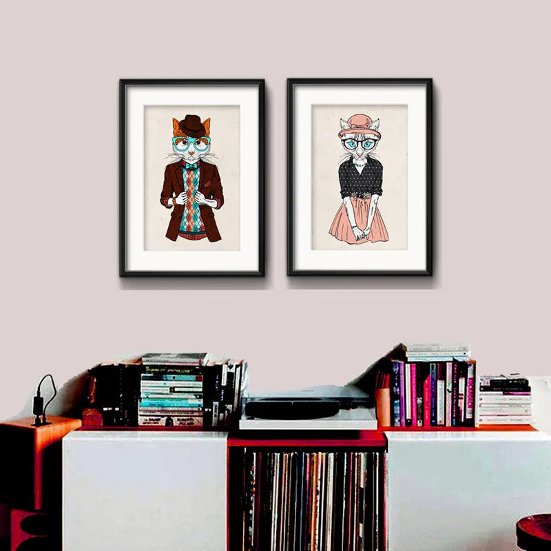 Set 2 Cuadros Pareja Gatos Hipster Pet Mascota Arte Paspartu