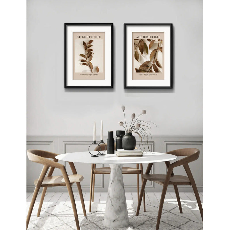 Set 2 Cuadros Living Tonos Marron Hojas 53x43cm Con Paspartu Marco Negro