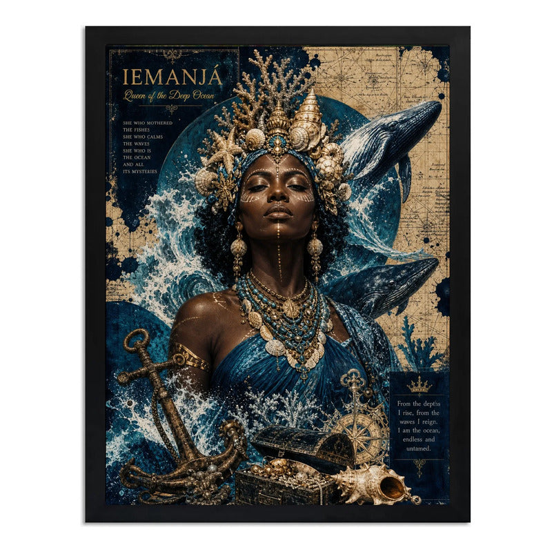 Cuadro Iemanja Diosa Del Mar Corona Ancla Orixa Umbanda Arte Marco Negro