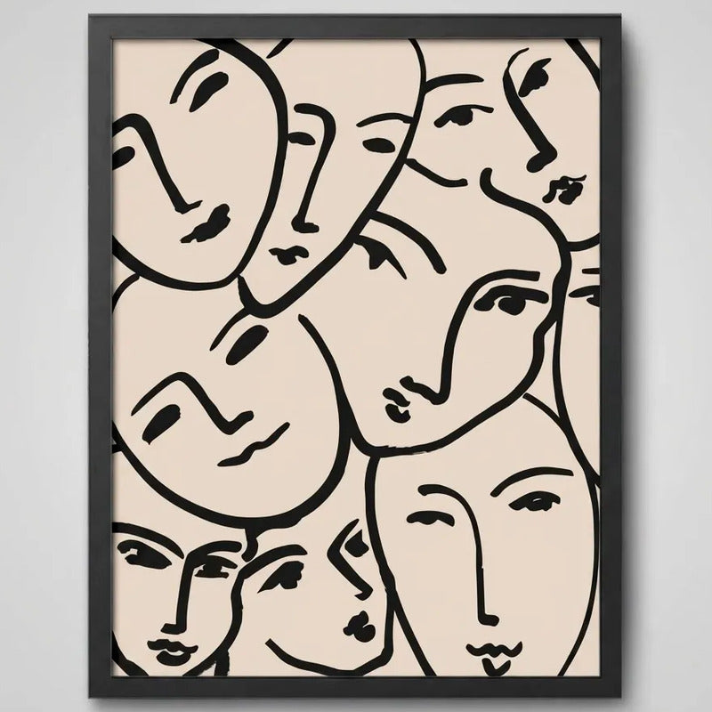 Cuadro Arte Abstracto Con Líneas De Rostro Tonos Neutros Marco Negro