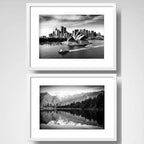 Set 2 Cuadros Australia Nueva Zelanda Blanco Negro Paspartú