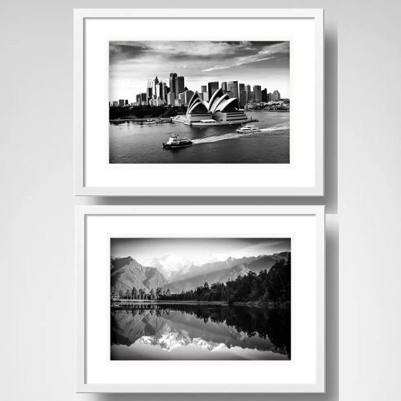Set 2 Cuadros Australia Nueva Zelanda Blanco Negro Paspartú