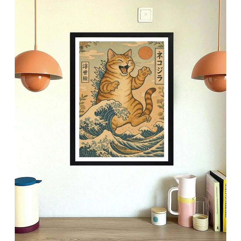Cuadro Dormitorio Living Catzilla Gato Godzilla Ola Japón Marco Negro
