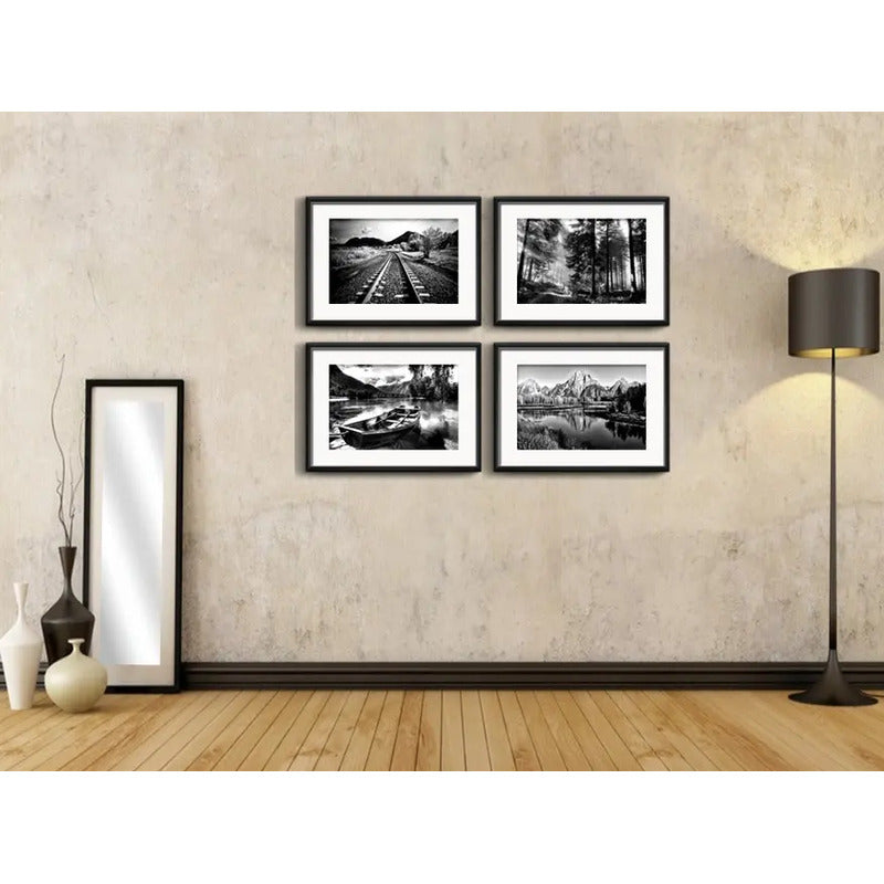 Set 4 Cuadros Paisajes Blanco Y Negro Montanas Deco Paspartu