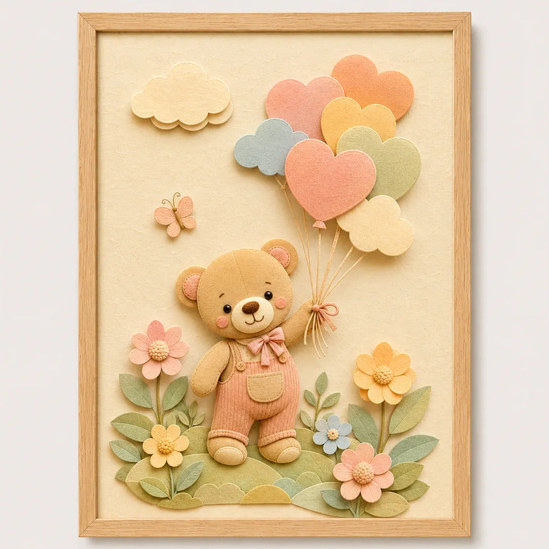 Cuadro Dormitorio Infantil Bebe Oso Globos Flores Efecto 3d Marco Madera Oak Madera Clara