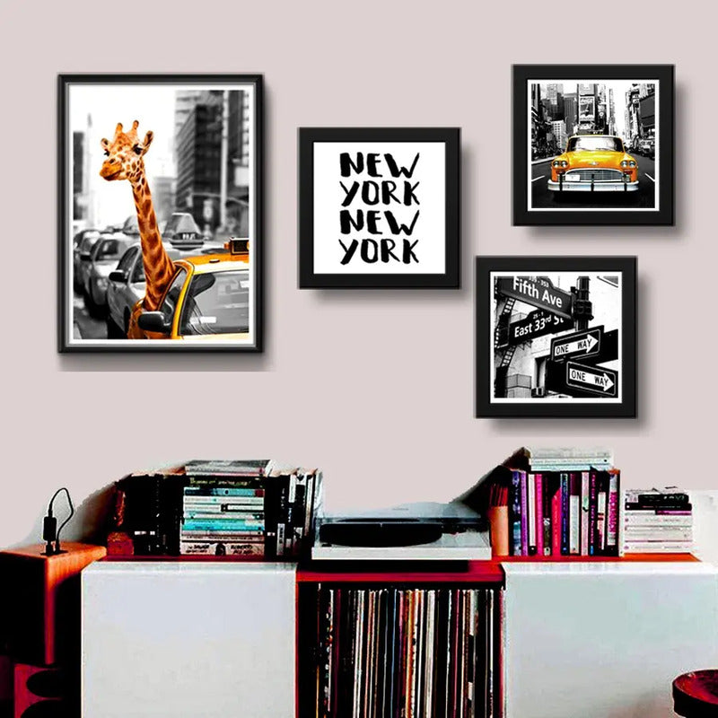 Set 4 Cuadros New York Taxi Jirafa Times Square Decoracion Marco Negro