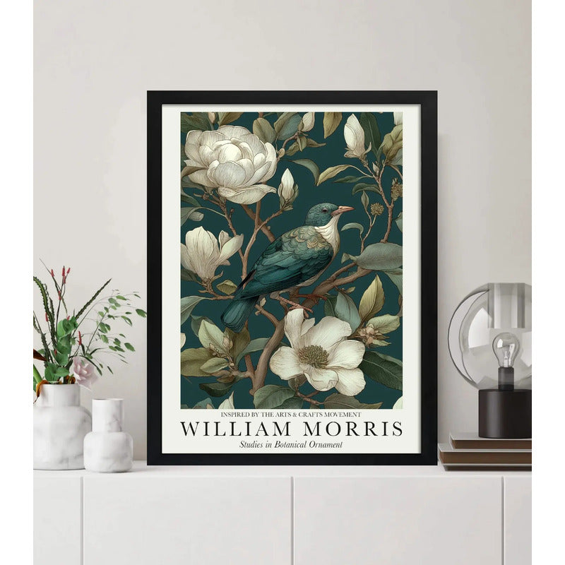 Cuadro Pajaro Botanica William Morris Flores Art & Crafts Pájaro Magnolias Botanica 2 Marco Negro