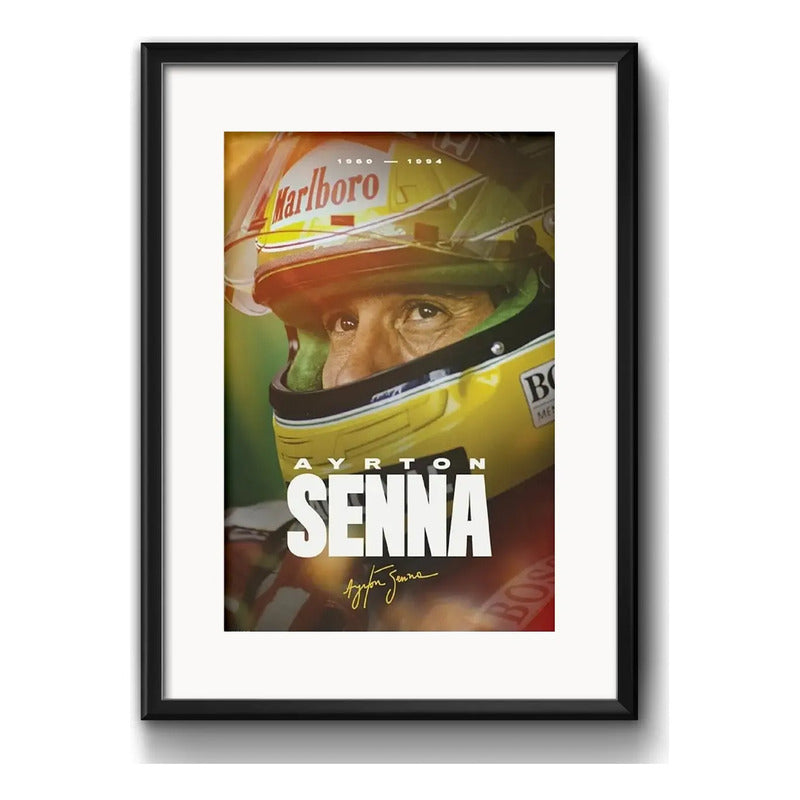 Cuadro Ayrton Senna Formula 1 Casco 53x43cm Con Paspartú Marco Negro