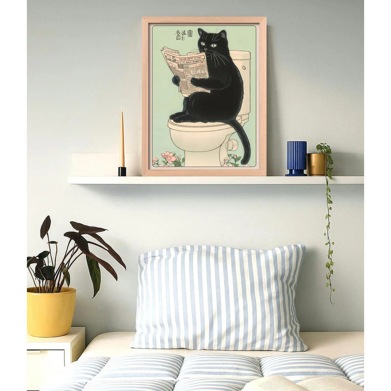 Cuadro Gato Negro Bano Arte Japonés Anime Flores Marco Oak Marco Marrón Claro